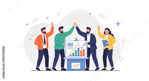 Teamwork success: business people celebrating a successful project with high fives