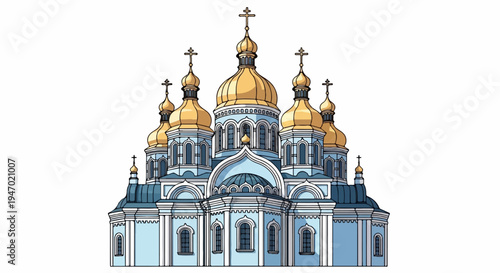 A cartoon illustration of a blue and gold domed church with multiple spires