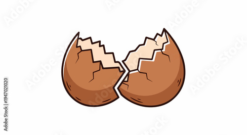 A cartoon illustration of a brown eggshell broken into two halves against a white background