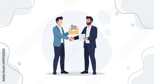 Businessmen shaking hands, exchanging documents and envelope, successful deal concept.
