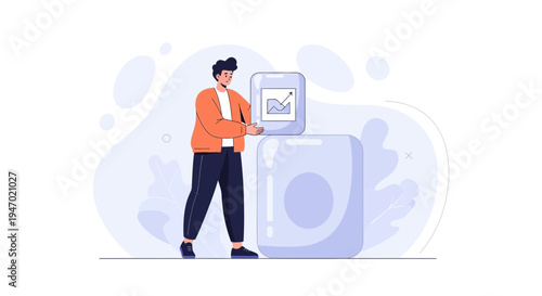 Man holding container with growth chart, business concept, modern flat illustration