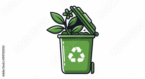 A green recycling bin overflows with a growing plant and soil, symbolizing growth and rebirth