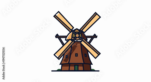 A cartoon illustration of a classic Dutch windmill with four large wooden blades