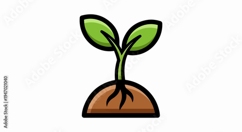 A green seedling with two leaves emerges from brown soil with visible roots