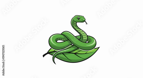 A cartoon illustration of a green snake coiled on a green leaf, with its head raised and tongue flicking