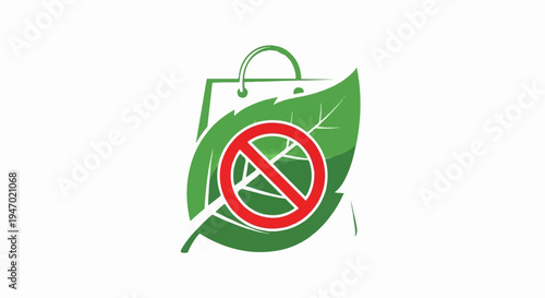 A green shopping bag shape with a leaf and a red prohibition sign over it