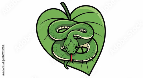 A green snake is coiled on a large green leaf, its tongue flicking out