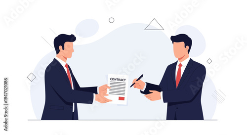 Businessmen signing contract, partnership agreement, deal closing, handshake concept illustration