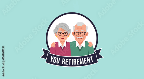 A cartoon illustration of a happy elderly couple embracing, celebrating retirement