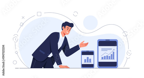 Businessman presenting financial growth charts on mobile devices, modern business concept