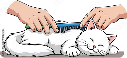 A cartoon illustration of two hands grooming a contented white cat with a blue comb