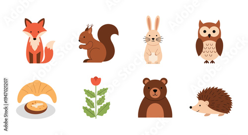 Cartoon forest animals and food collection