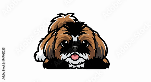 A cute, cartoonish brown and black dog with white markings, its tongue out