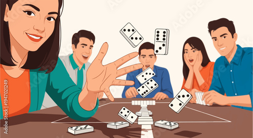 A group of friends excitedly plays dominoes, with one tossing pieces