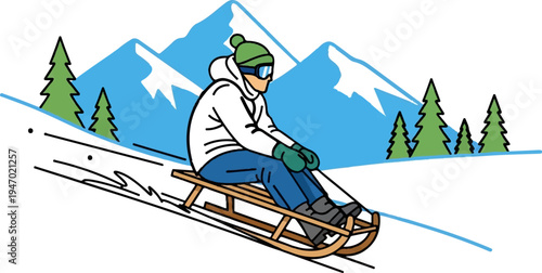 A person sleds down a snowy mountain slope amidst pine trees and blue peaks