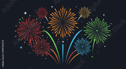 A dark background showcases a vibrant display of colorful fireworks exploding in various patterns