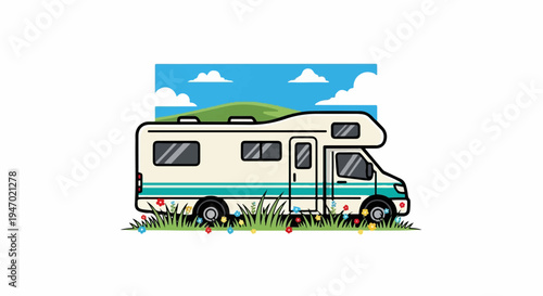 A cartoon motorhome parked in a grassy field with colorful flowers and rolling green hills