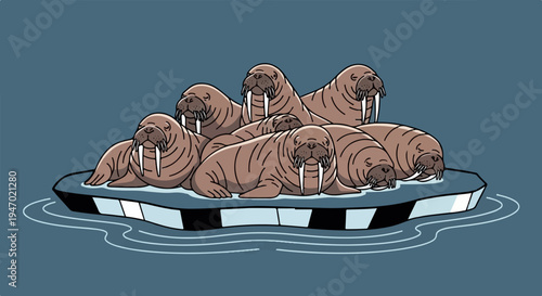 A group of walruses rests on a floating ice floe in cool blue water