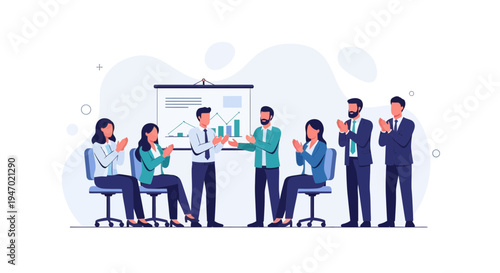 Business meeting success, team applauding speaker at presentation with charts.