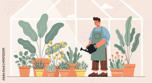A person watering plants inside a greenhouse with a simplified, illustrative style