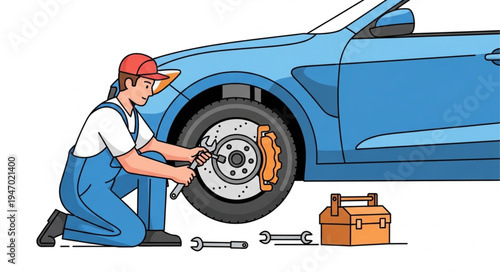 Mechanic changing car tire.