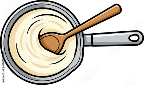 A cartoon saucepan holds swirling creamy sauce and a wooden spoon rests inside, ready for stirring