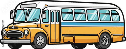 A cartoon school bus in yellow and white with blue accents and tinted windows