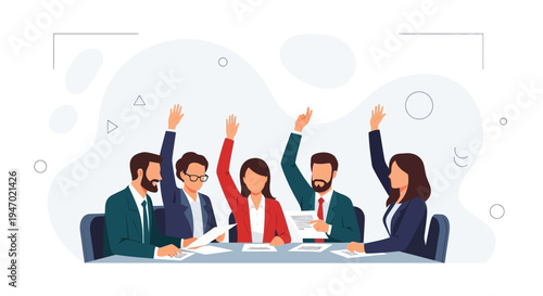 Business Meeting: Diverse Team Raising Hands in Agreement During a Vote or Discussion