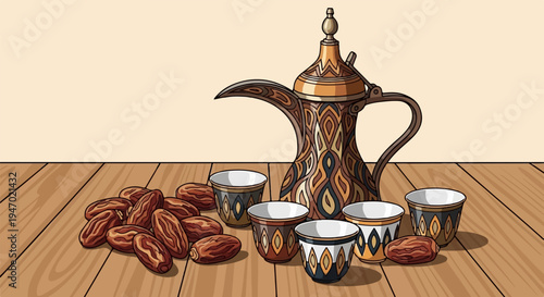 A decorative coffee pot with patterned cups and dates on a wooden surface