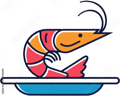 A cartoon shrimp with orange head and segmented red body sits on a blue platter