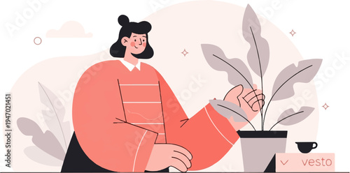 A person with dark hair in a bun, wearing an oversized pink sweater, tends to a potted plant