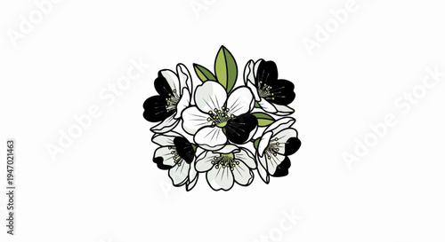 A decorative illustration of a cluster of blooming white flowers with black centers and green leaves