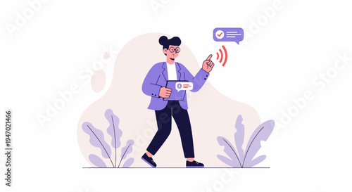 A person with glasses and a bun holds a tablet while pointing to a notification bubble with waves