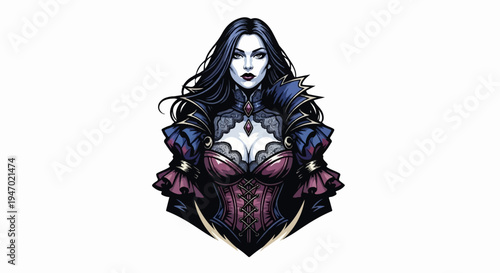 A dark-haired woman with pale skin and intense eyes wears a gothic-inspired outfit