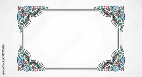 A decorative rectangular frame with ornate pastel-colored floral swirls in each corner