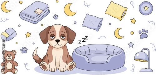 Cute sleepy puppy bedtime collection with dog bed pillow blanket moon stars teddy lamp cozy night cartoon vector illustration set