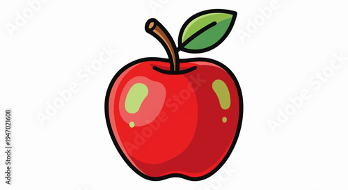A cartoonish red apple with a brown stem and a green leaf against a white background
