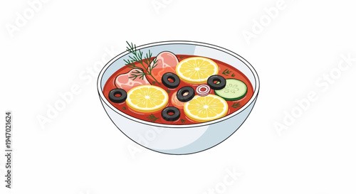 A delicious red soup with lemon slices, olives, cucumber, meat, and dill