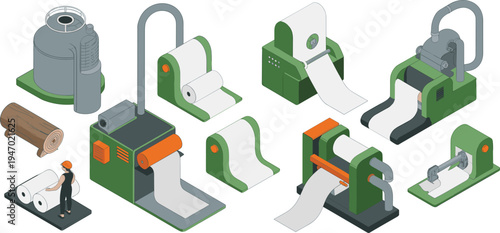 Paper manufacturing equipment, paper mill machines, industrial paper processing system, factory production technology, paper roll machinery, printing industry illustration
