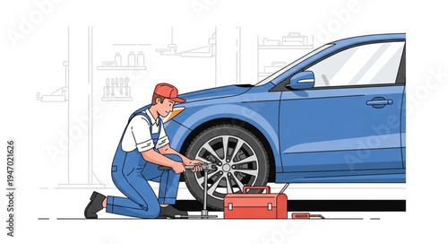 Mechanic changing car tire.