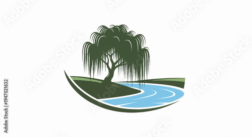 A stylized weeping willow tree leans over a curving blue river