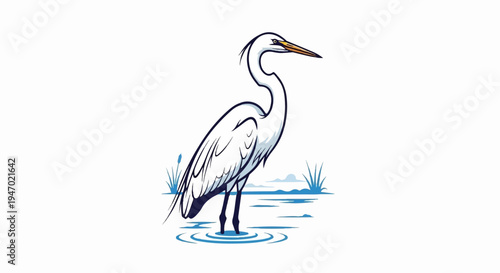 A stylized white heron stands in shallow water with reeds and distant clouds