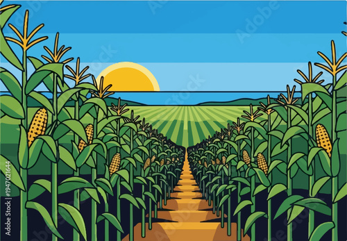 A perspective view of a lush cornfield with ripe cobs under a bright sun