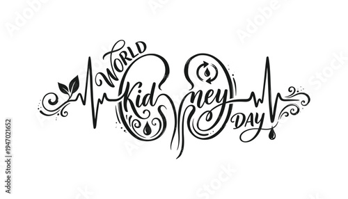World Kidney Day awareness illustration with decorative typography and heartbeat line