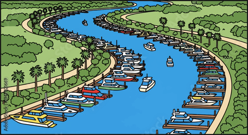 A picturesque aerial view of a vibrant marina teeming with various boats docked along a serene, curving waterway