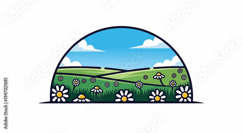 A cartoon-style arched window displays a vibrant, rolling green meadow dotted with white daisies under a bright blue sky with fluffy white clouds