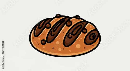 A cartoon-style illustration of a golden-brown loaf of bread with dark chocolate swirls and small chocolate chips