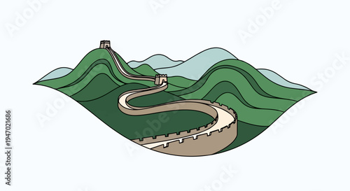 A hand-drawn illustration of a winding stone wall snaking over rolling green hills under a pale sky