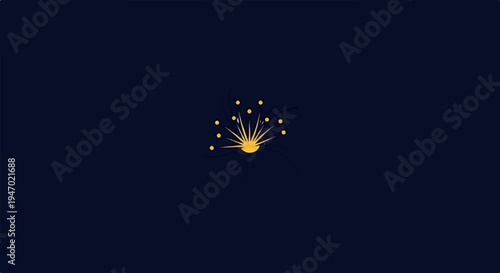 A stylized yellow sunburst with radiating lines and dots on a dark blue background
