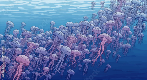 A dense school of translucent jellyfish drifts in a deep blue ocean current